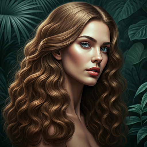 Realistic portrait of a woman with healthy shiny hair in a lush botanical setting, professional photography