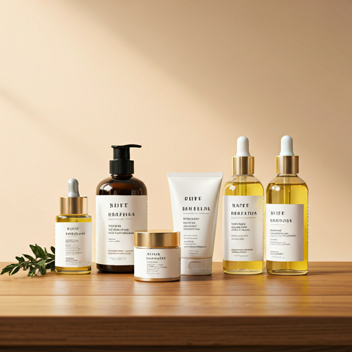 Fotografía realista de productos de belleza orgánica, aceites esenciales y hierbas secas sobre una mesa de madera