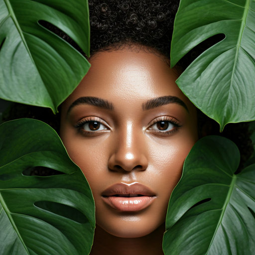 close-up portrait of a woman with healthy glowing skin and natural hair surrounded by lush green monstera leaves and soft sunlight