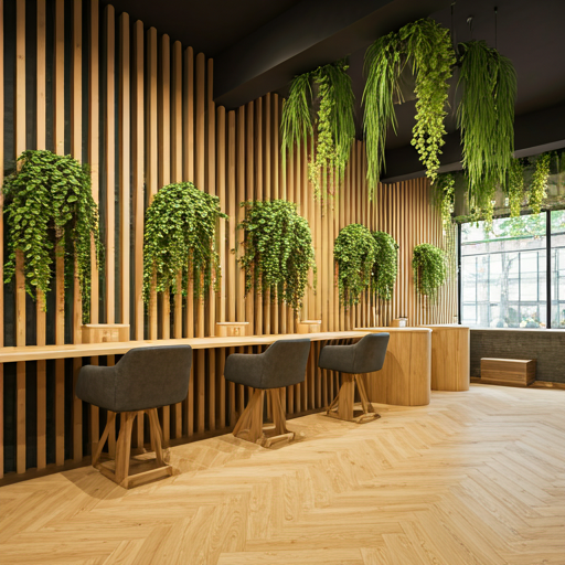 interior of a modern minimalist organic beauty salon with sustainable wood furniture and many hanging green plants