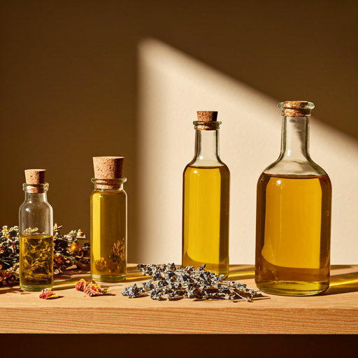aesthetic wooden shelf with glass bottles of organic hair oils and dried botanical herbs in a bright spa setting
