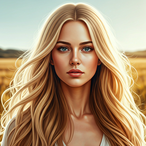 Beautiful realistic woman with flowing blonde hair in a sunlit field, high quality