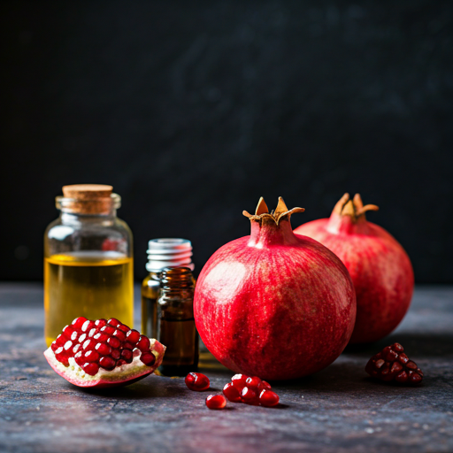 Fresh pomegranates and essential oils on a dark surface, realistic