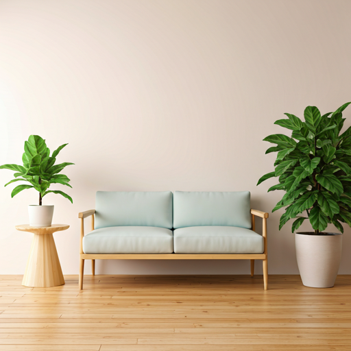 Minimalist organic salon interior with plants and wooden furniture