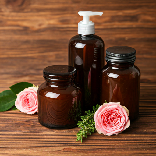 Detailed photo of organic hair products and fresh botanical ingredients like roses and herbs