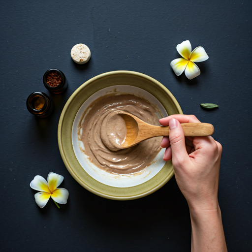 top view of artisan mixing natural face mask ingredients in a ceramic bowl with a wooden spoon and fresh flowers
