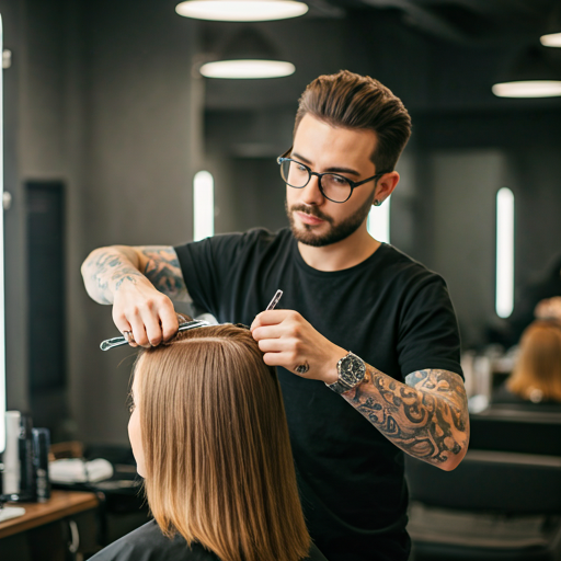 Fotografía realista de un estilista profesional trabajando con tijeras en el cabello de una clienta en un salón luminoso