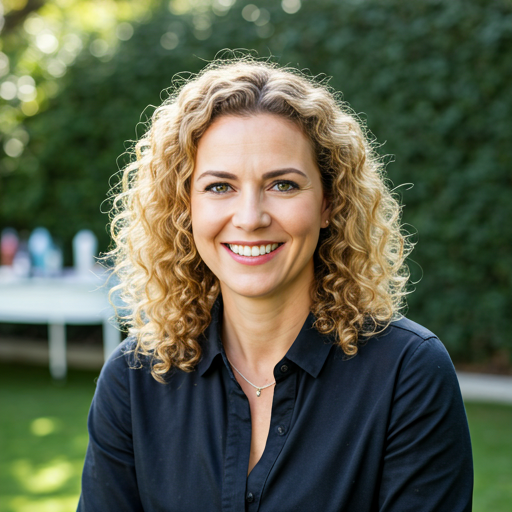 portrait of a professional female salon founder with a warm smile and natural styling in a sunlit garden office